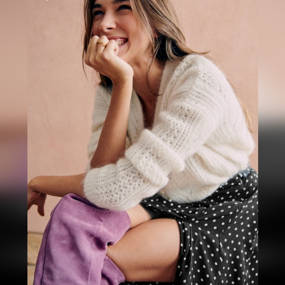 Sezane Susanna Kid Mohair/ Wool Green White Knit Cardigan - Picture 5 of 11